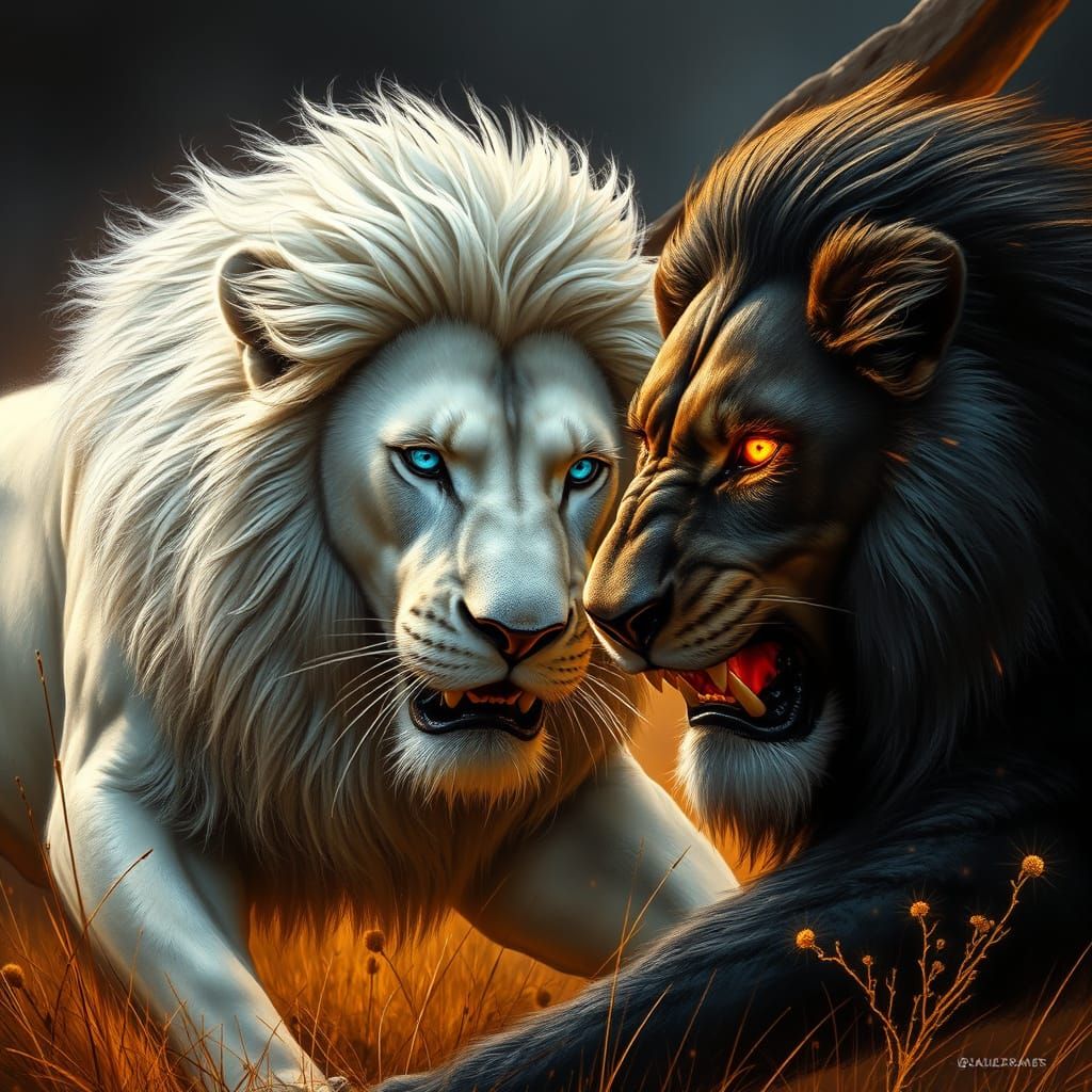 Regal White Lion Battles Black Lion in Golden Savannah