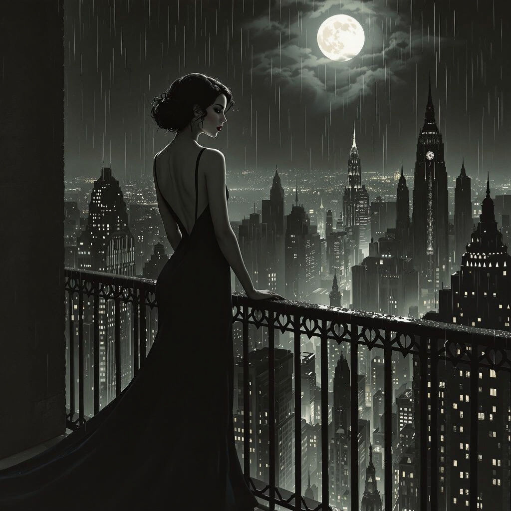 Femme Fatale on Moonlit Balcony in Film Noir Style