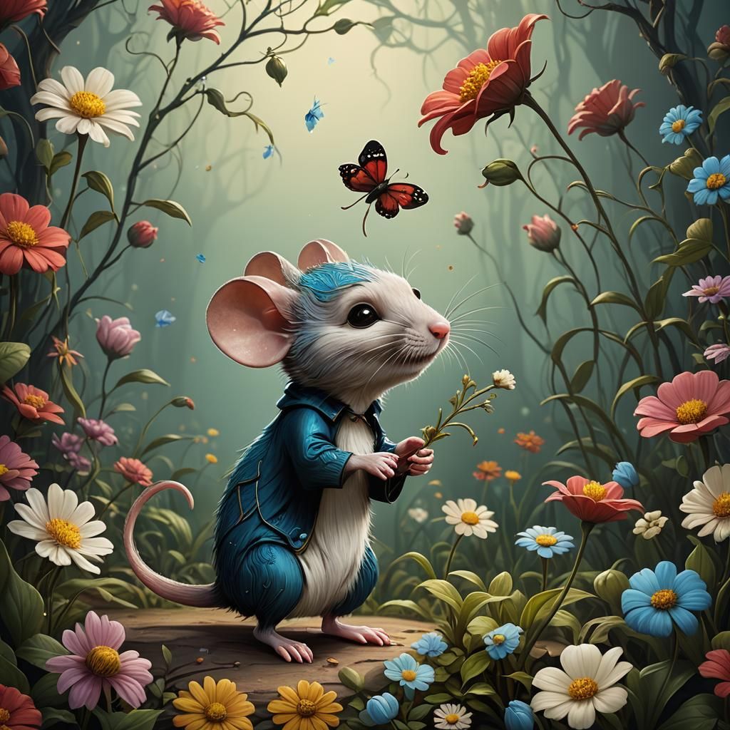 Adorable Mouse Smelling Flower in Detailed Matte Painting