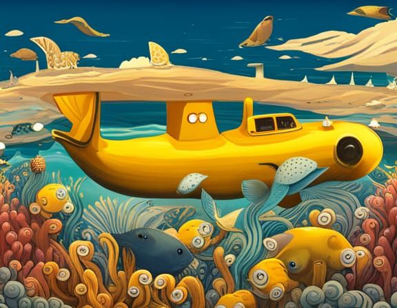 Kawaii Yellow Submarine with Sea Animals, Storybook Style