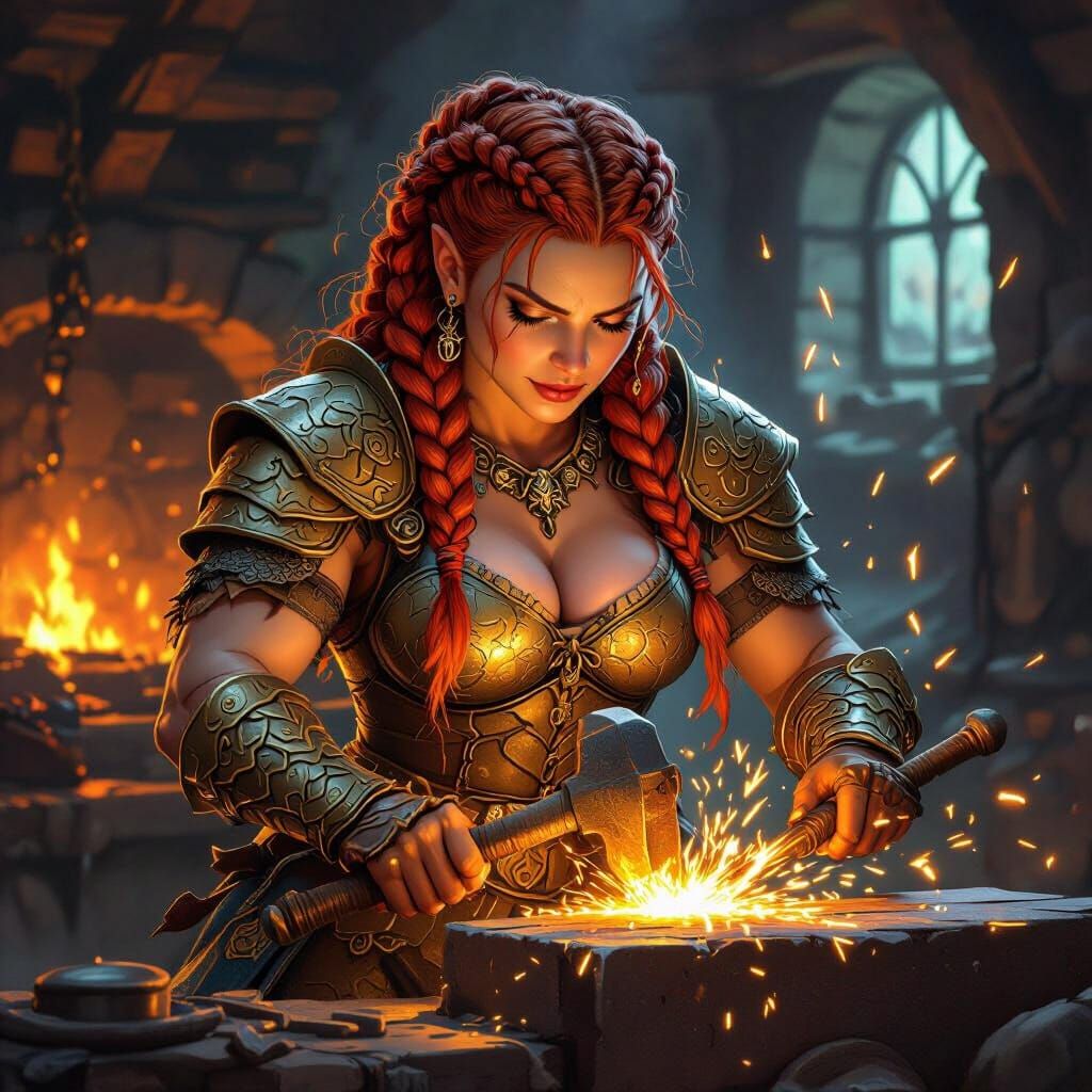 Female Dwarven Blacksmith Forging Dragon Armor