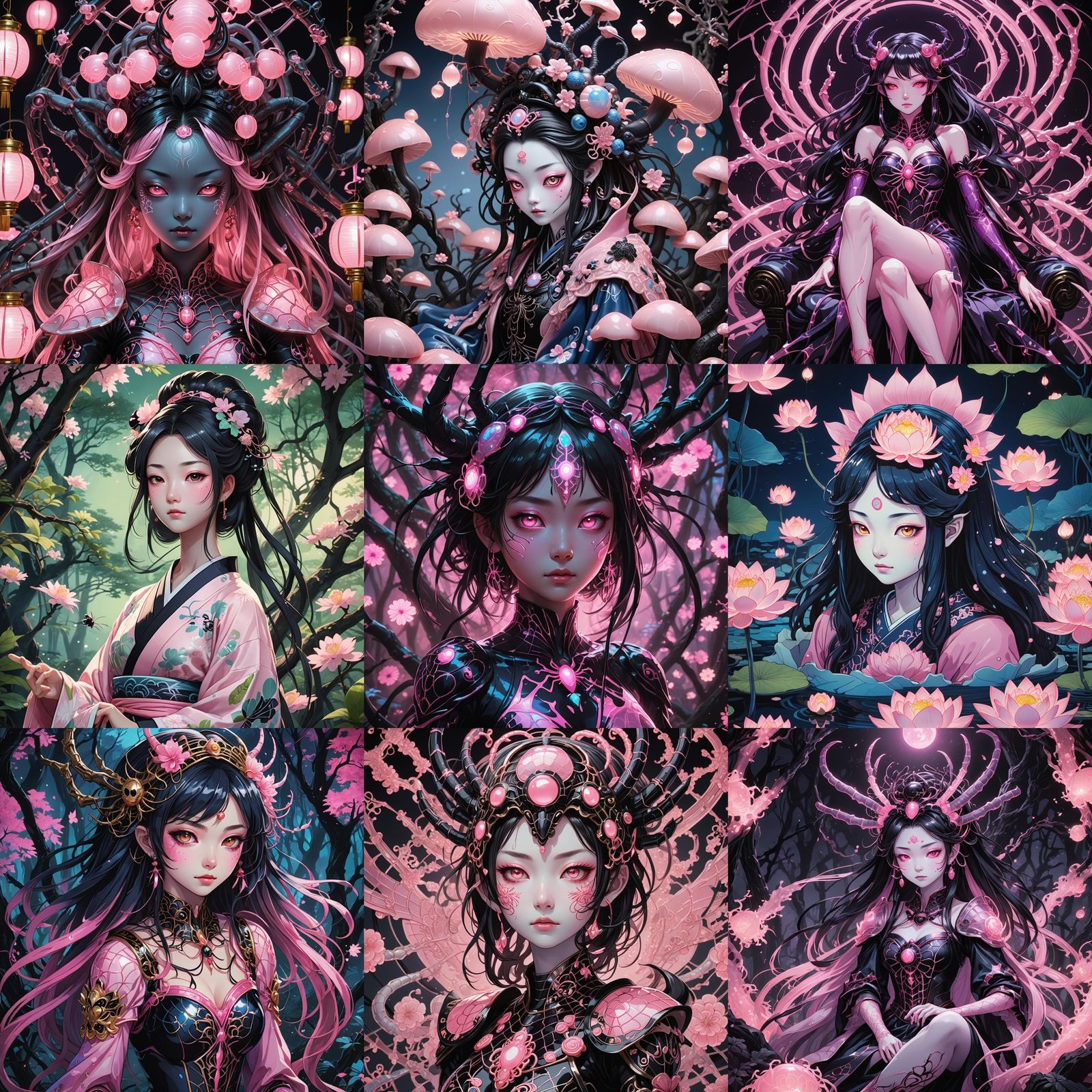 Bioluminescent Spider Yokai Princess in Anime Style