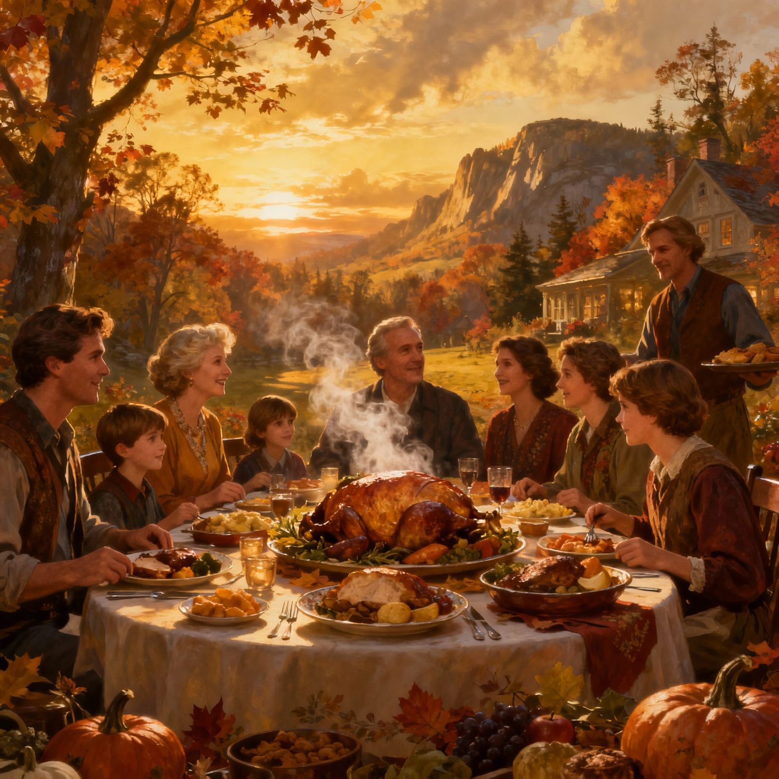 Family Thanksgiving Feast in Golden Hour Light