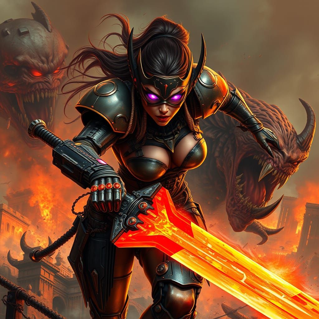 Cyberpunk Warrior Goddess Unleashes Fury in Fiery Apocalypse