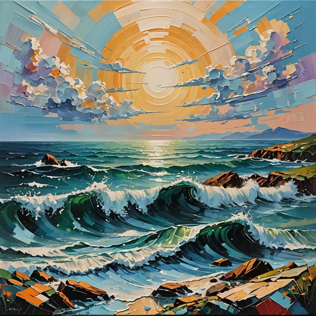 Futuristic Impasto Seascape in Acrylic Collage