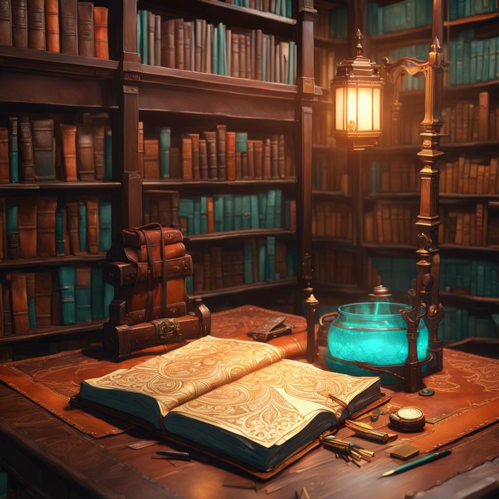 Brown Leather Journal in Library, Hyperdetailed Concept Art