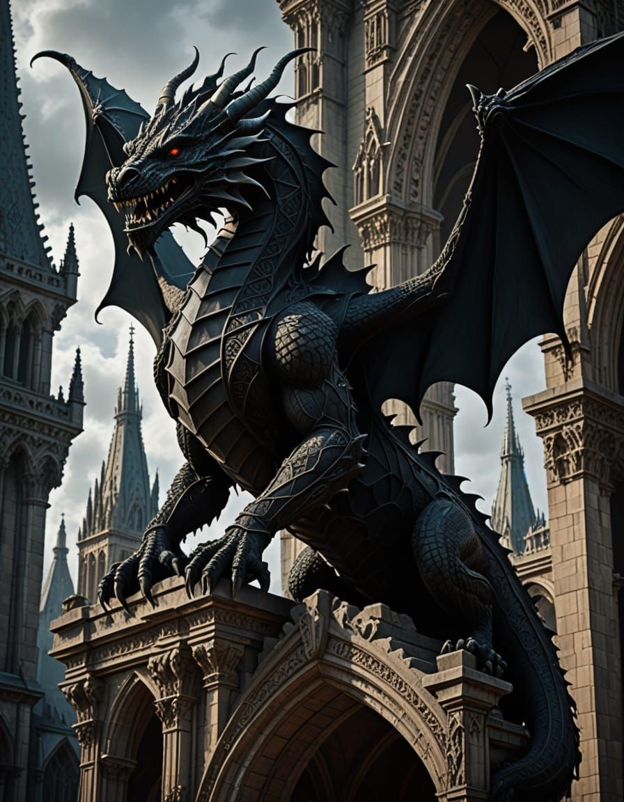 Macrame Dragon Perched on Gothic Cathedral