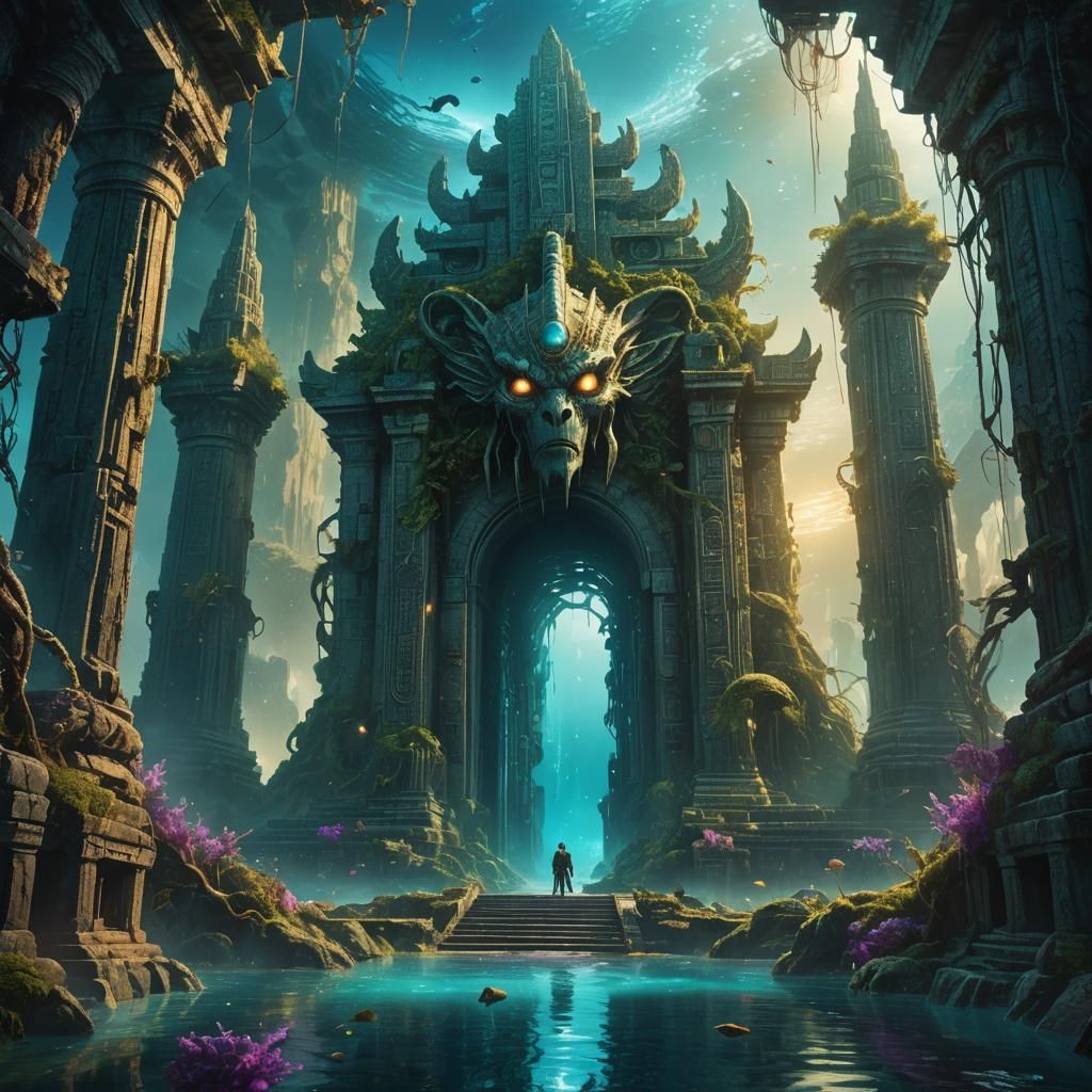 Underwater Temple in Sunken Alien City: Fantasy Art