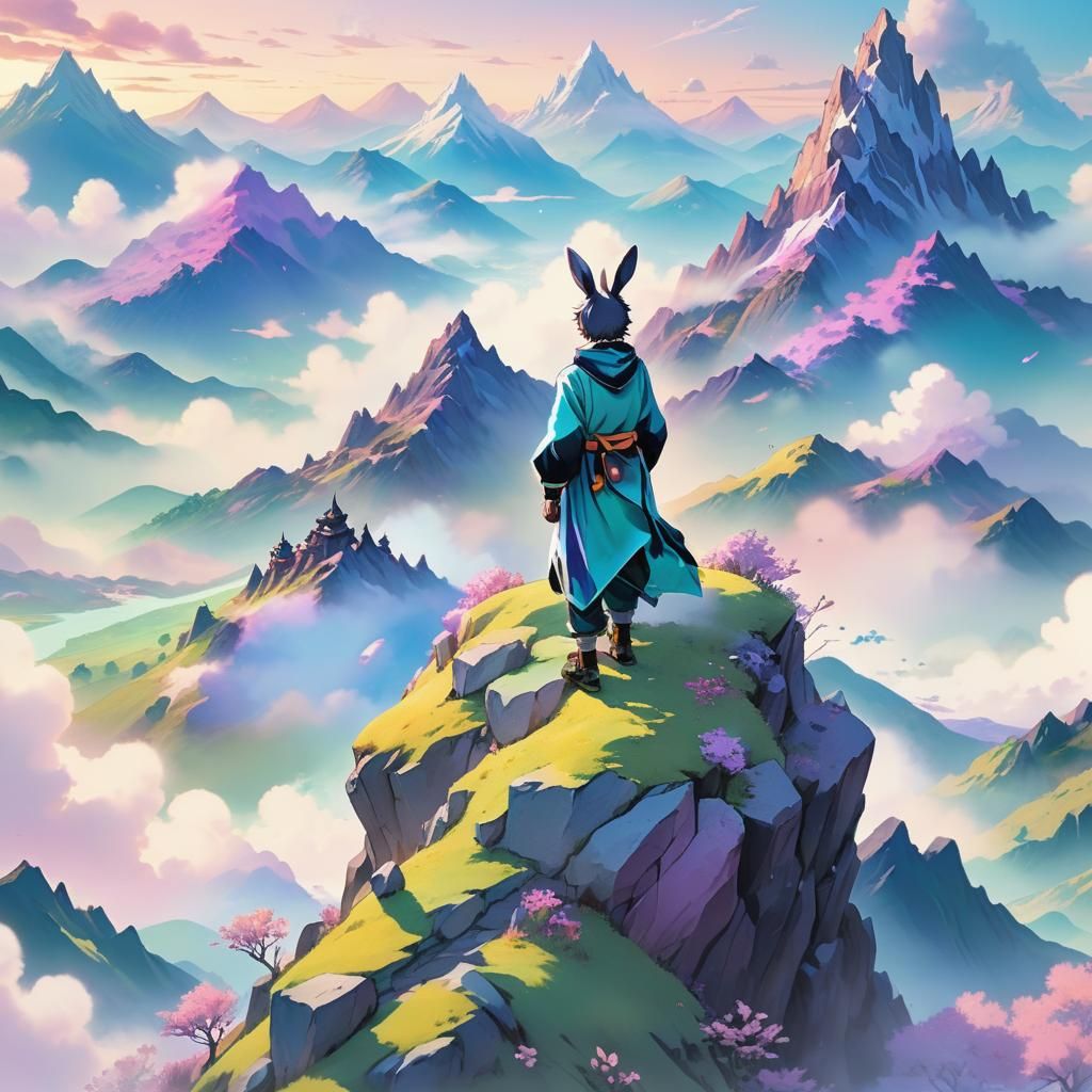 Pastel 3D Anime Man in Floating Rabbit