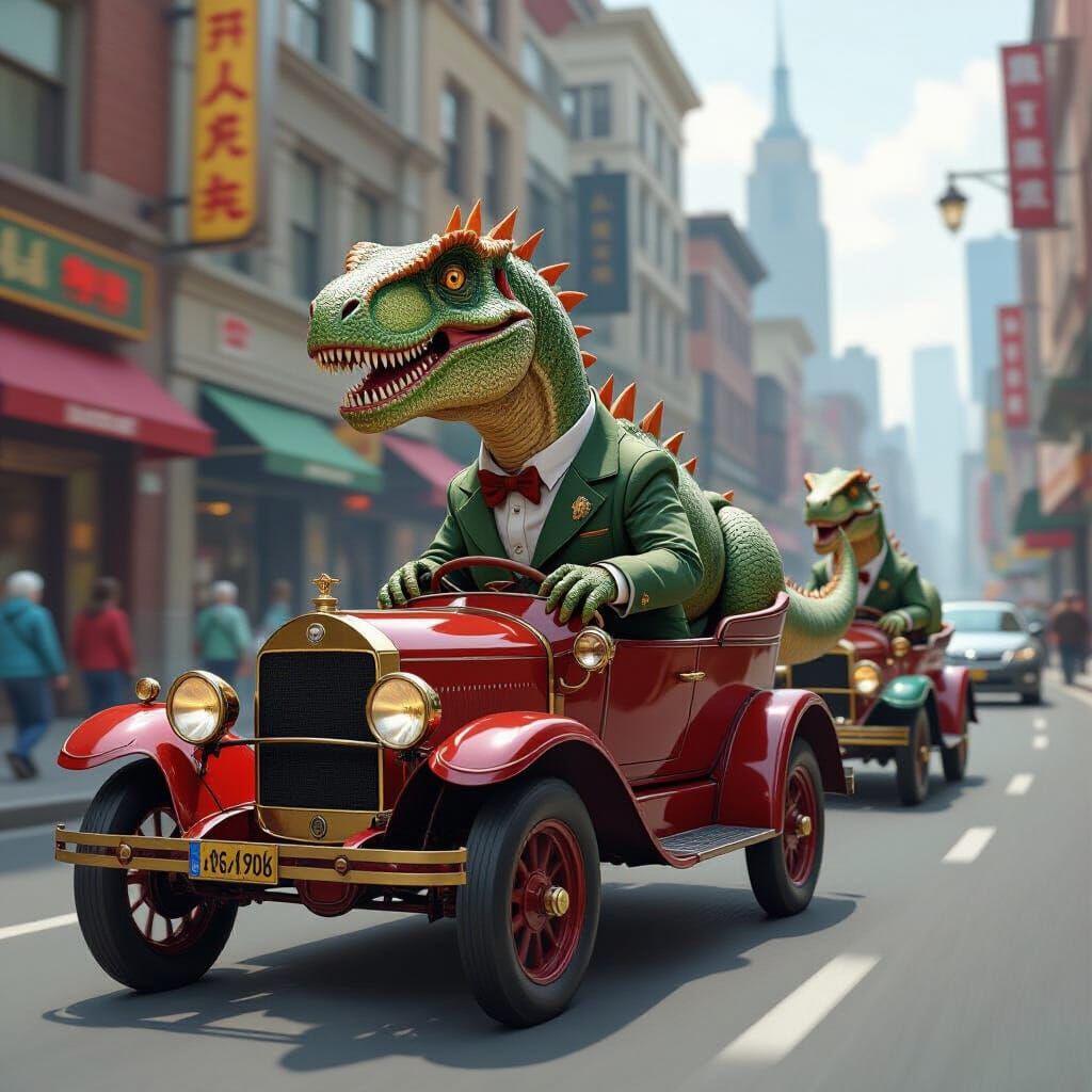 Steampunk Dinosaurs Driving Cars in City, Hyperrealistic Art