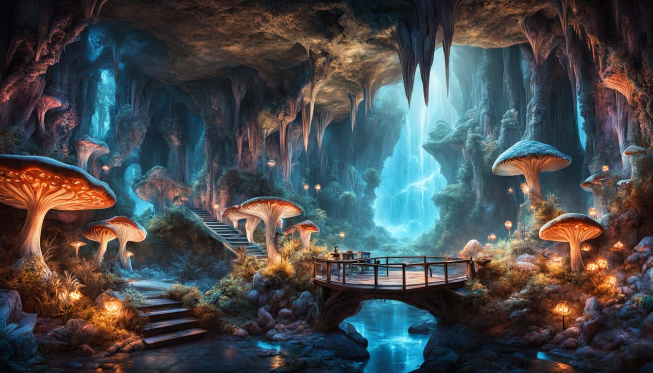 Mystical Crystal Cave with Glowing Fungi and Hidden Pool