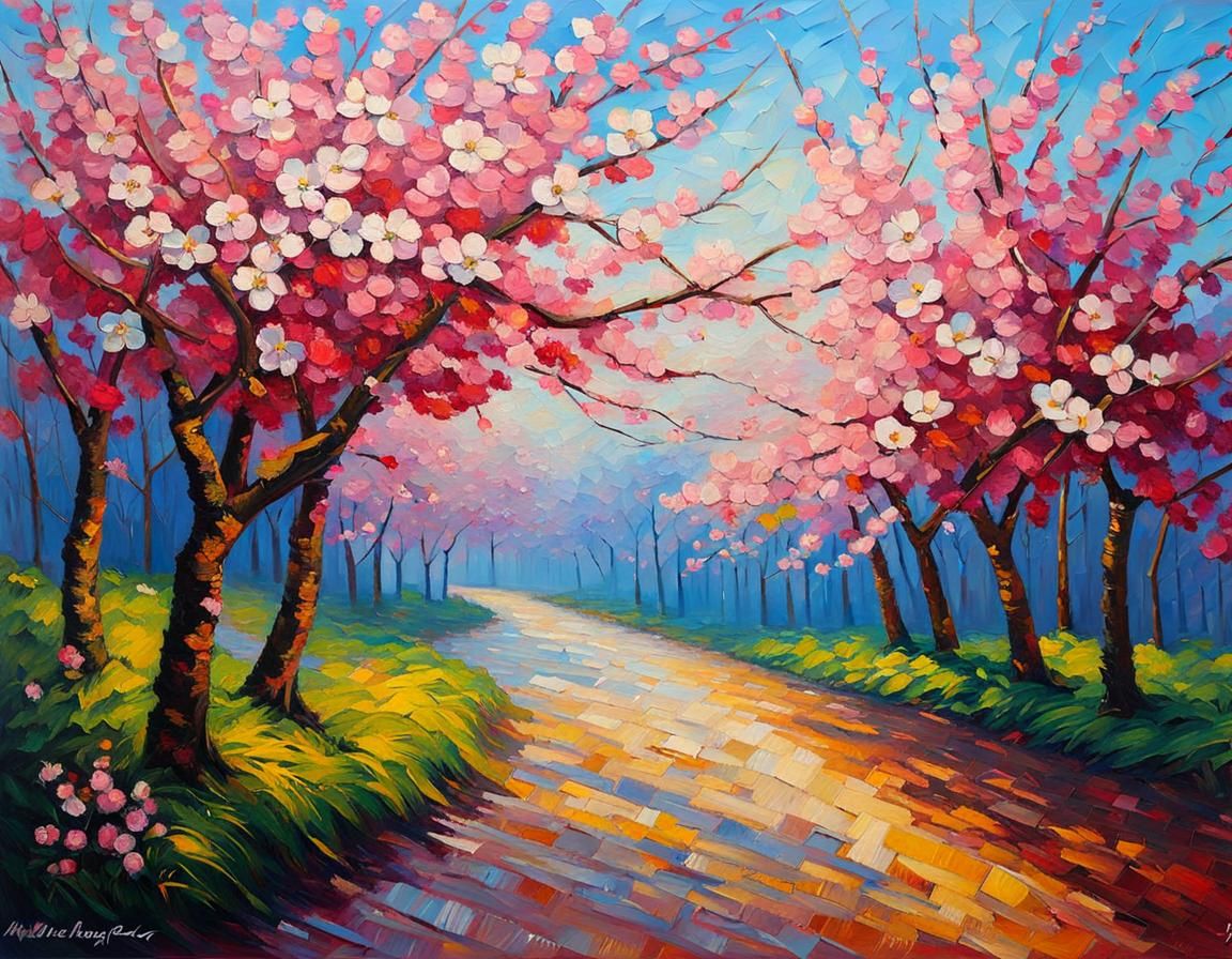 Cherry Blossoms in Expressionist Impasto Oil Painting