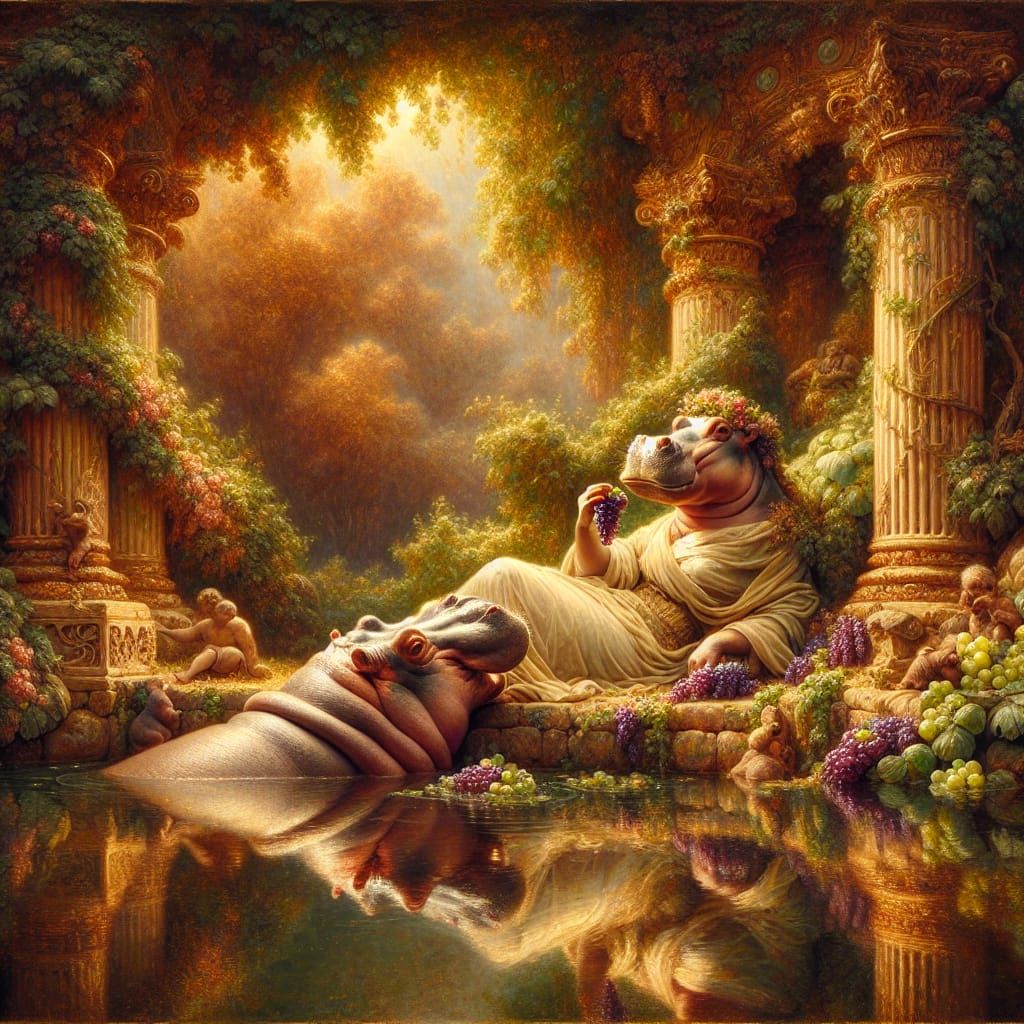 Hippo in Serene Landscape, Inspired by Late 19th Century Oil...