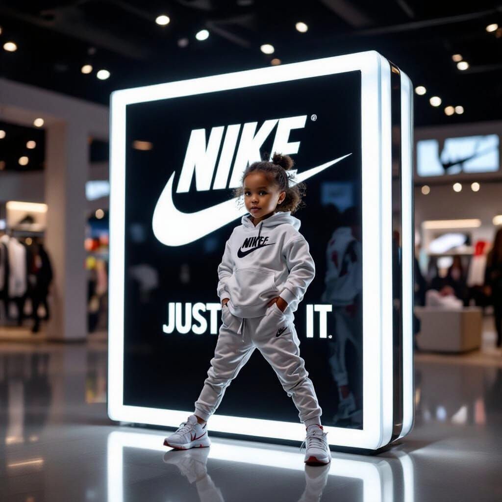Child Modeling Nike Apparel on Store Sign