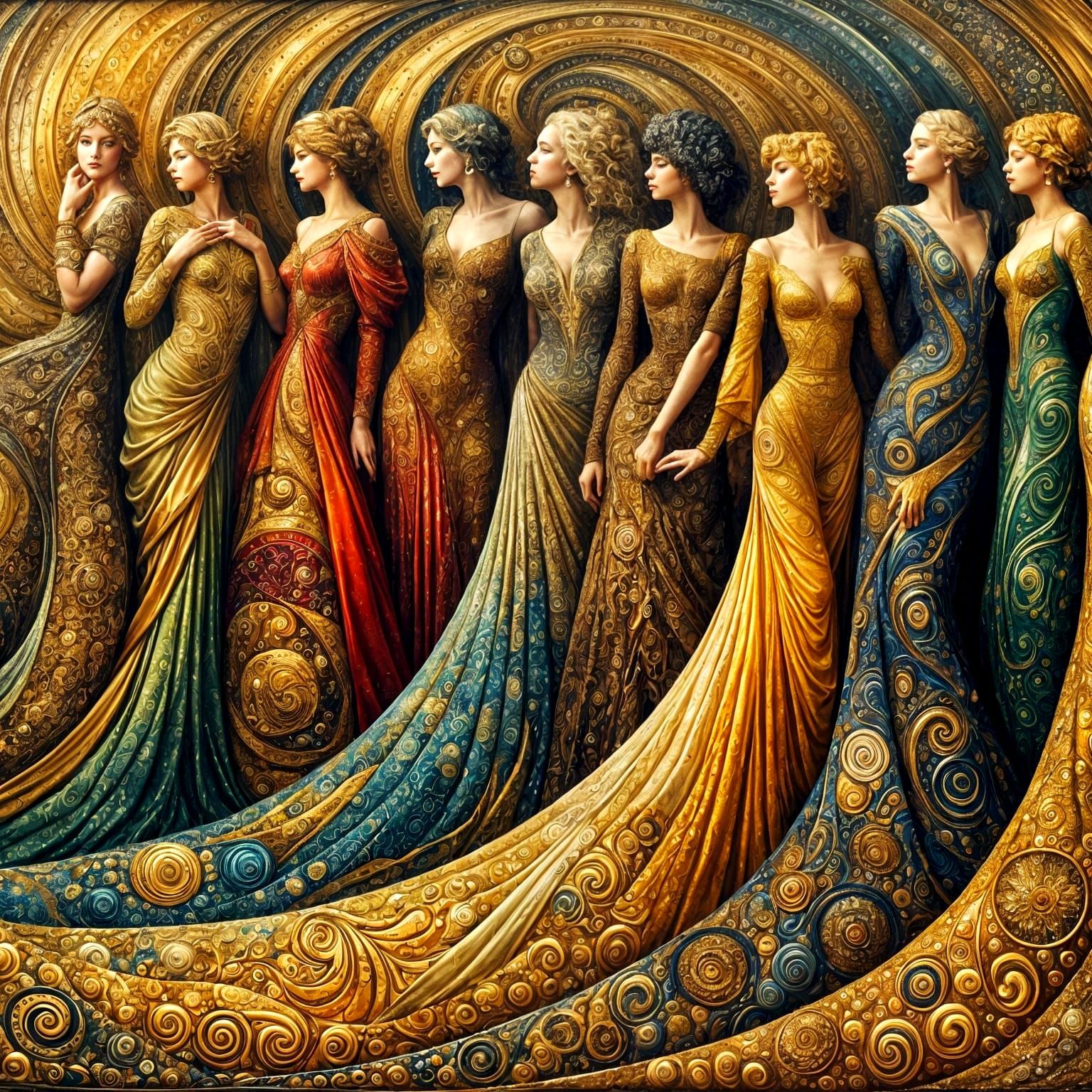 Elegant Figures in Flowing Gowns: Symbolist Oil Painting