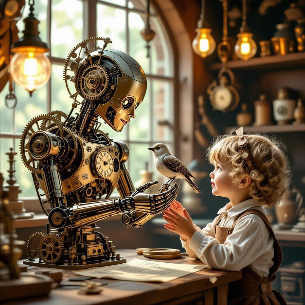 Steampunk Automaton Offers Mechanical Bird to Child
