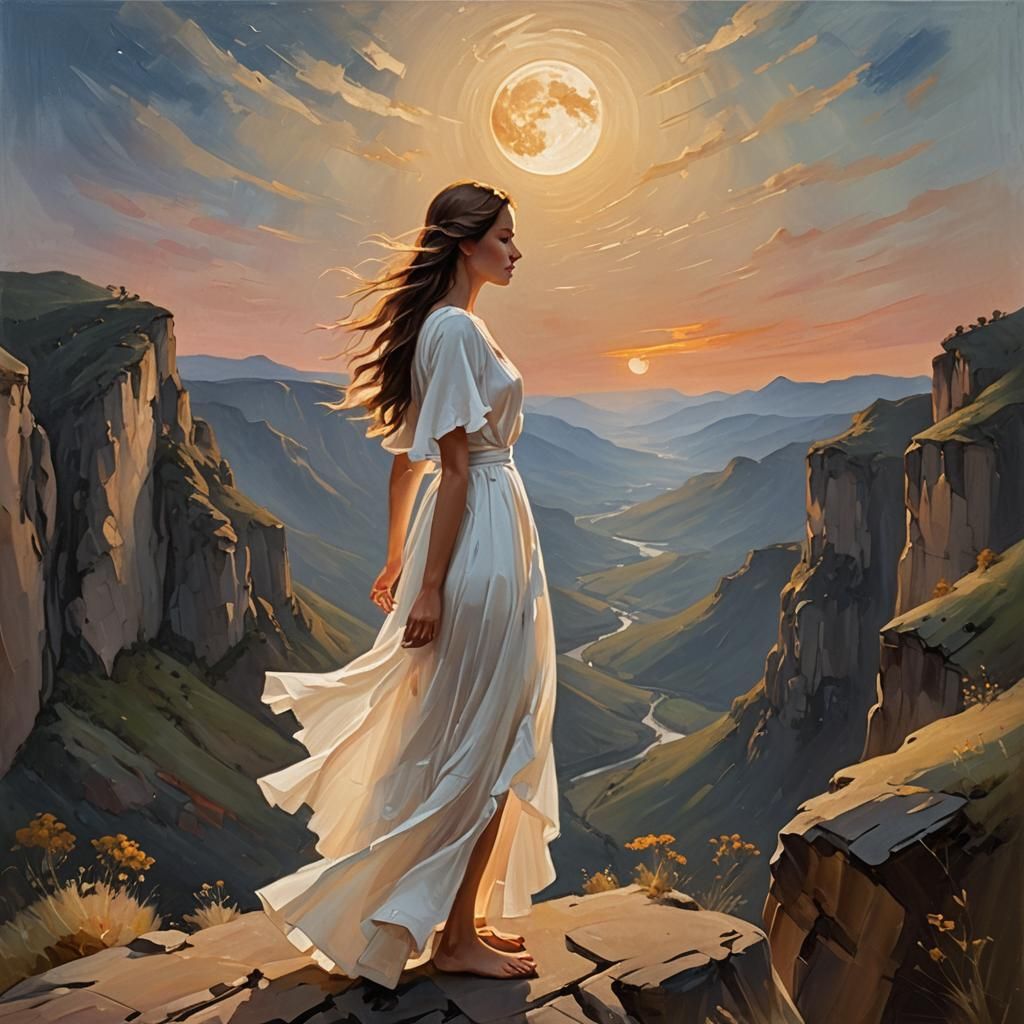 Girl in Moonlight: A Serene Oil Painting Landscape