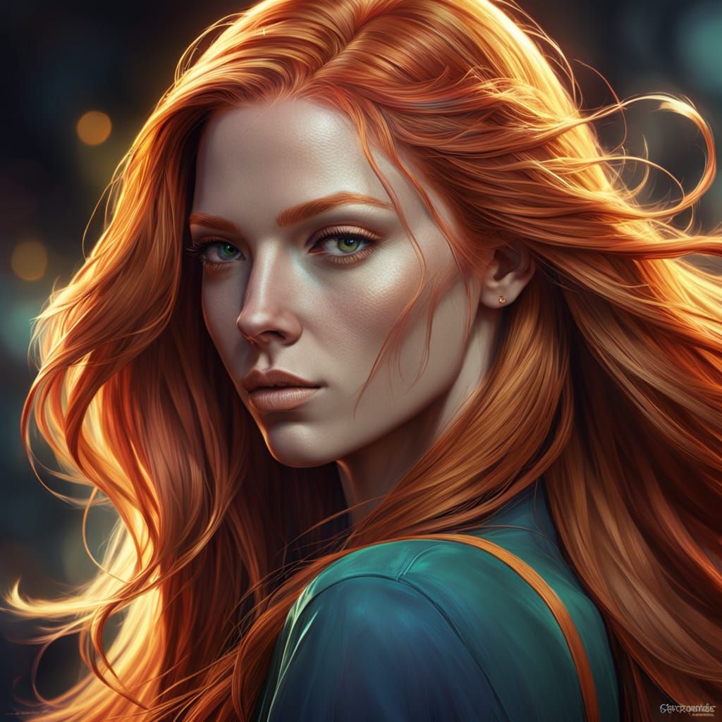 Hyper Realistic Ginger Girl Portrait in Vibrant Triadic Colo...