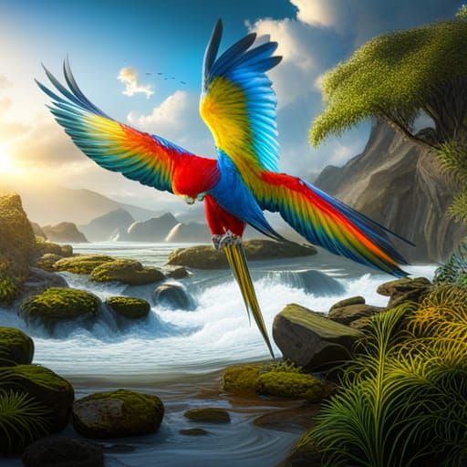 Colorful Parrot Landing: Fantasy Concept Art