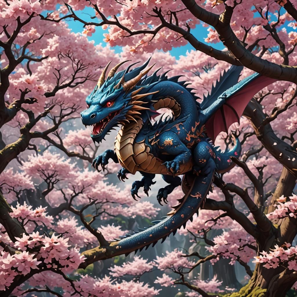 Cute Anime Dragon in Sakura Garden: Detailed Matte Painting