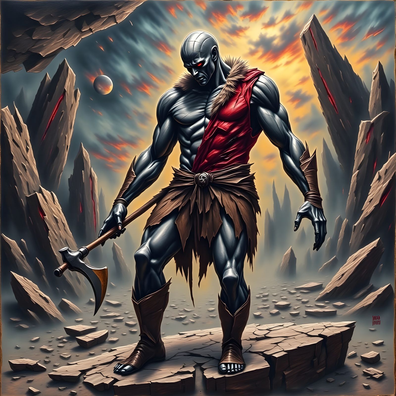 Muscular Barbarian Warrior, Yor, Stands Ready with Battle Ax...