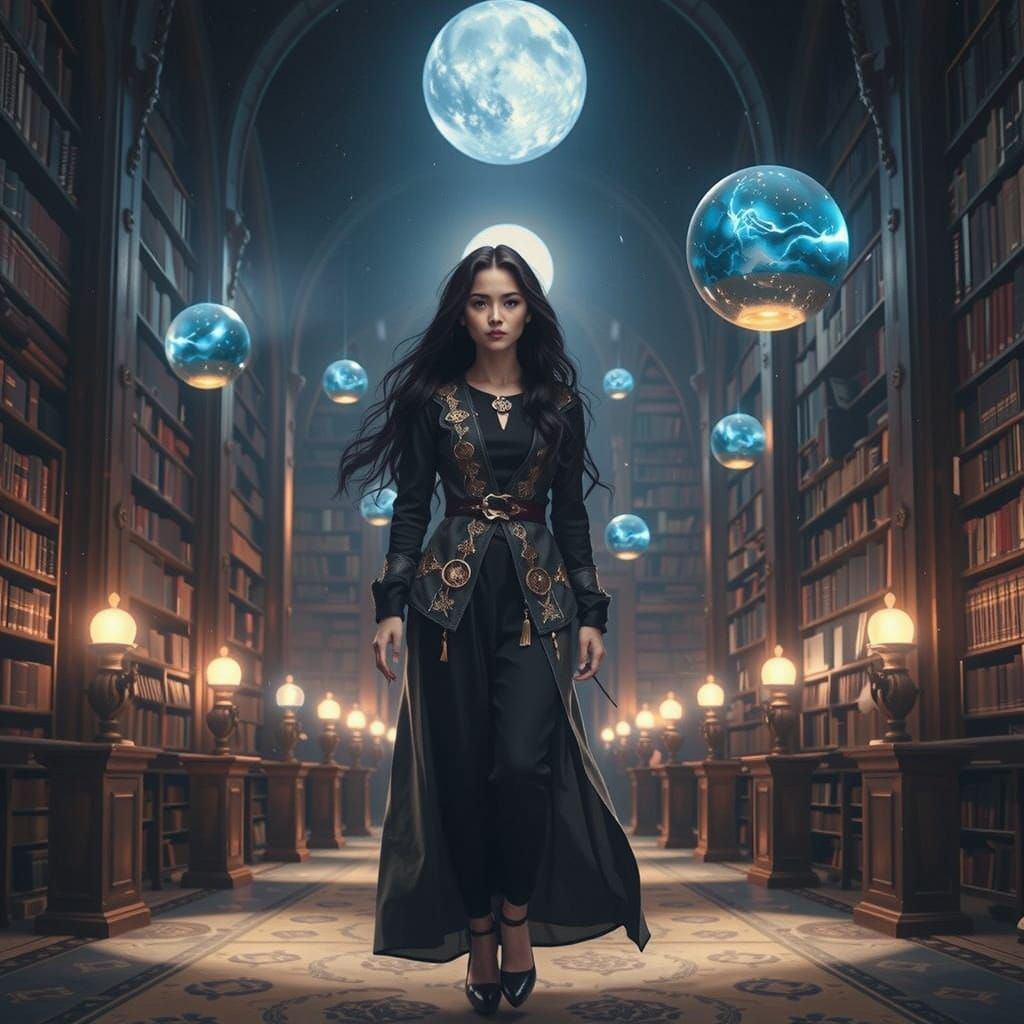 Librarian with Heterochromia in Magical Library