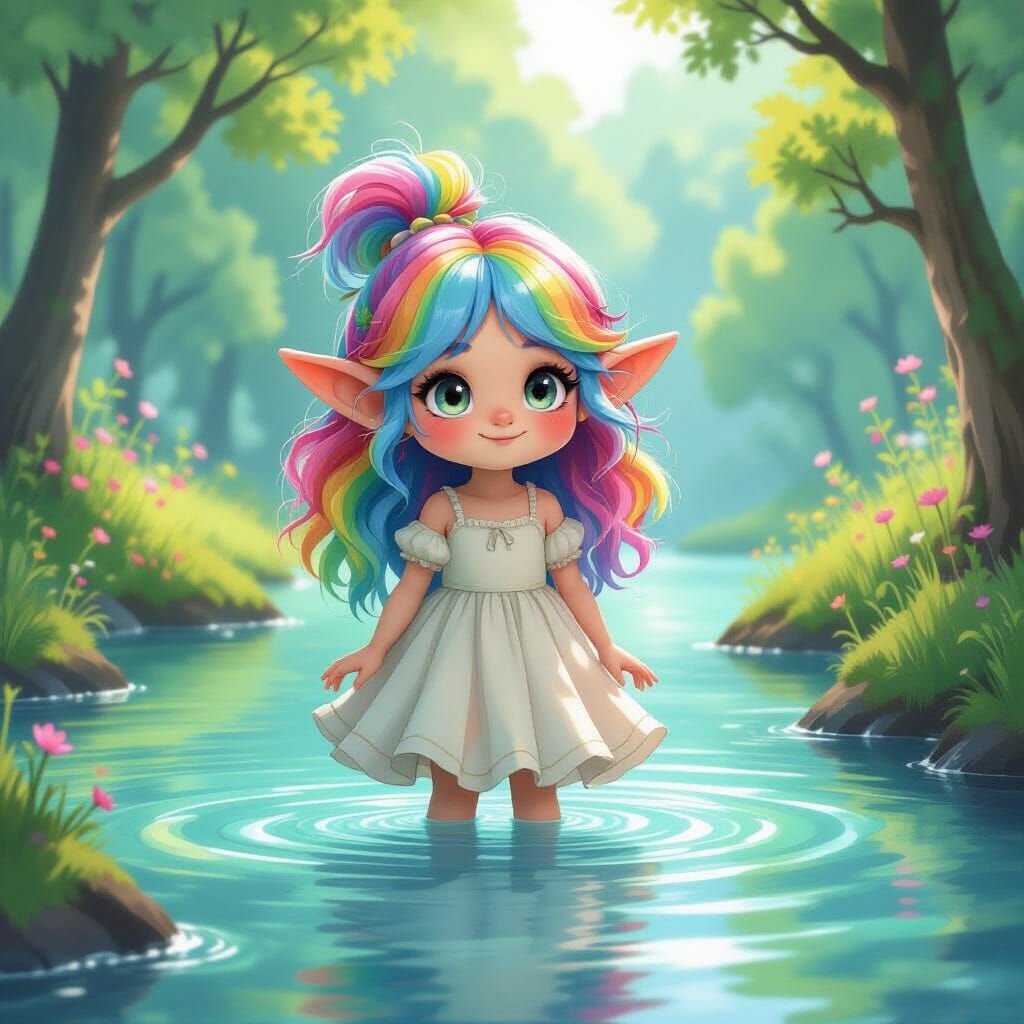 Rainbow-Haired Troll Girl in Lush Lakeside Scene
