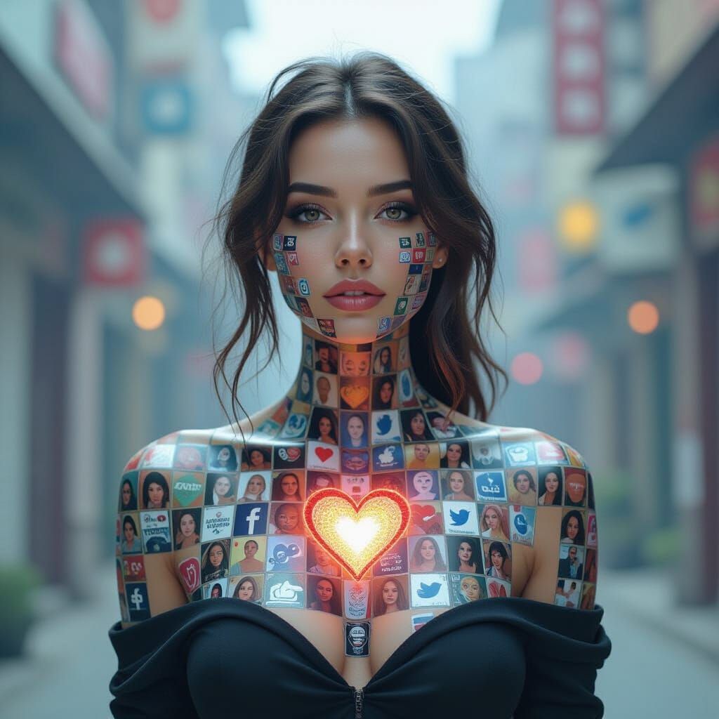 Social Media Mosaic Woman in Cyberpunk Style