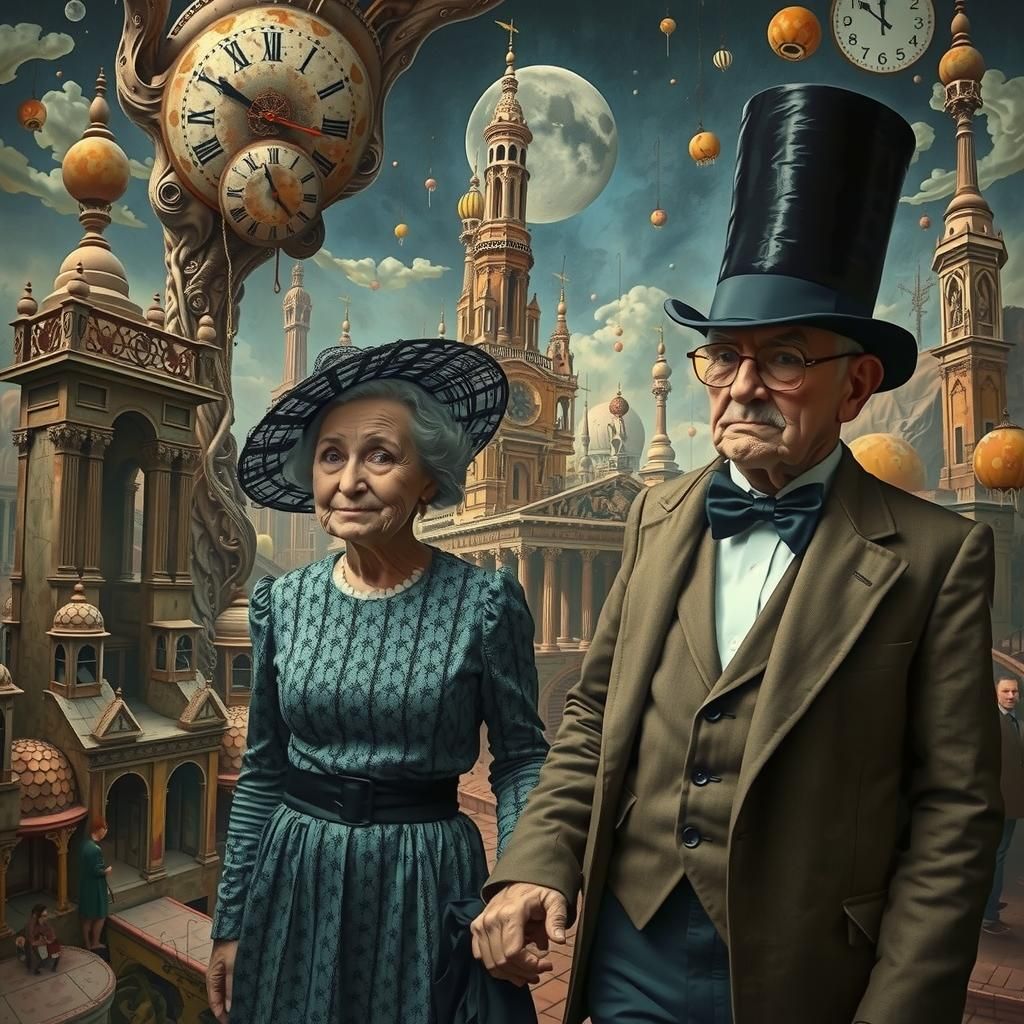Elderly Couple in Dreamlike Surrealist Landscape