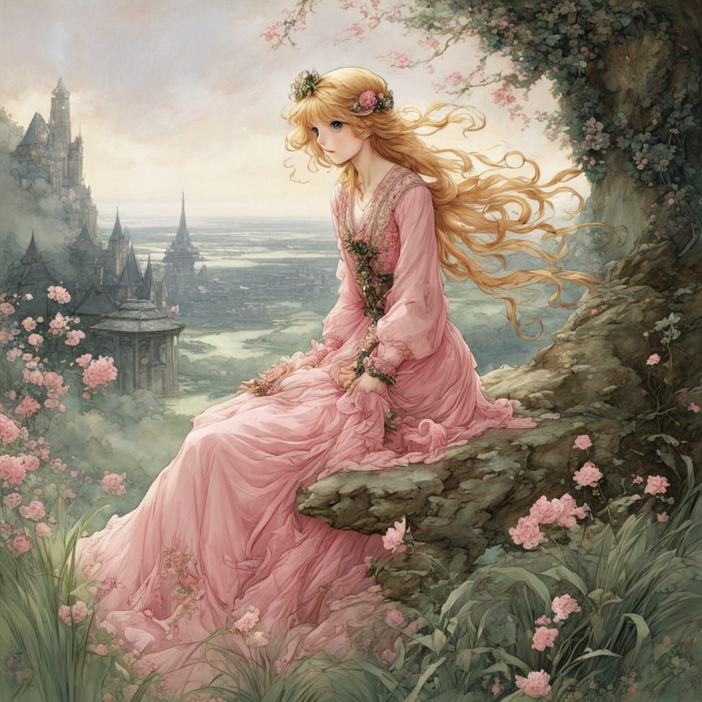 Red-Haired Girl in Pink Gown, Arthur Rackham Style