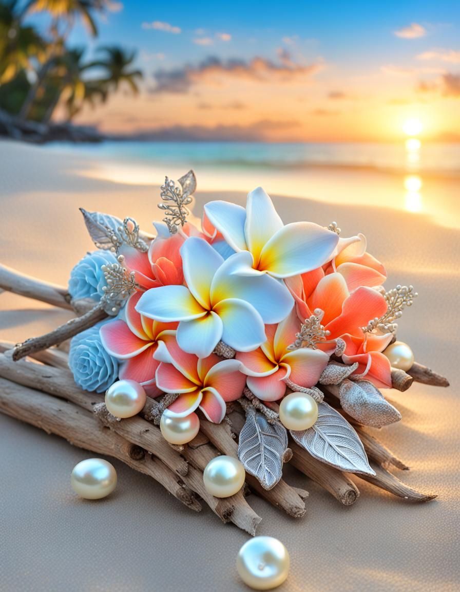 Exquisite Plumeria Bouquet on Seashore at Sunset