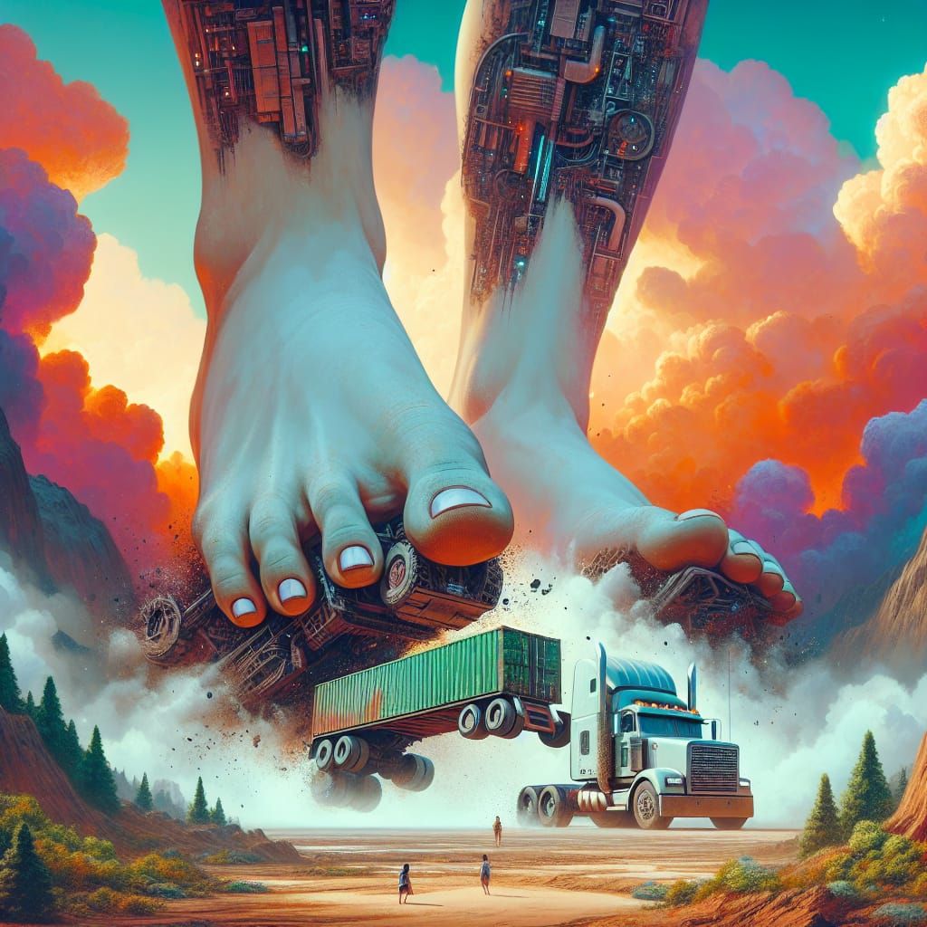 Colossal Woman Crushing Semi Truck: Fantasy Concept Art