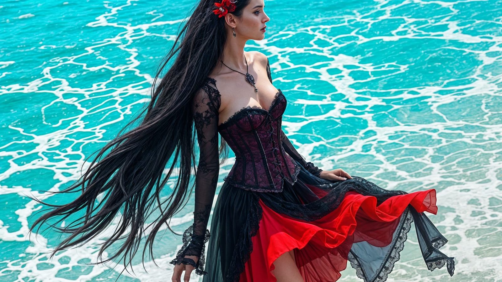 Victorian Gothic Beauty on Tropical Beach