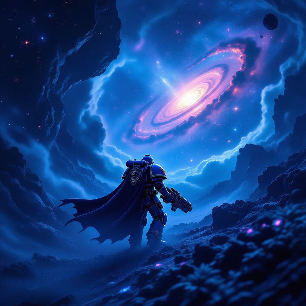 Space Marine Lost in Cosmic Nebula, Bioluminescent Glow