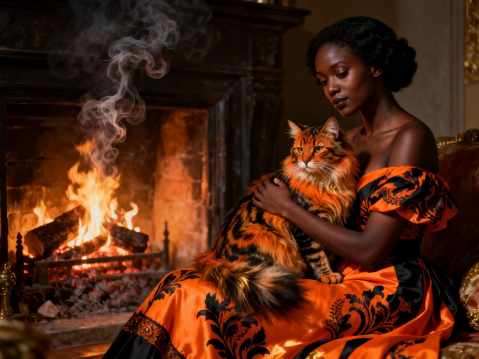Woman and Cat by Fireplace in Surreal Style