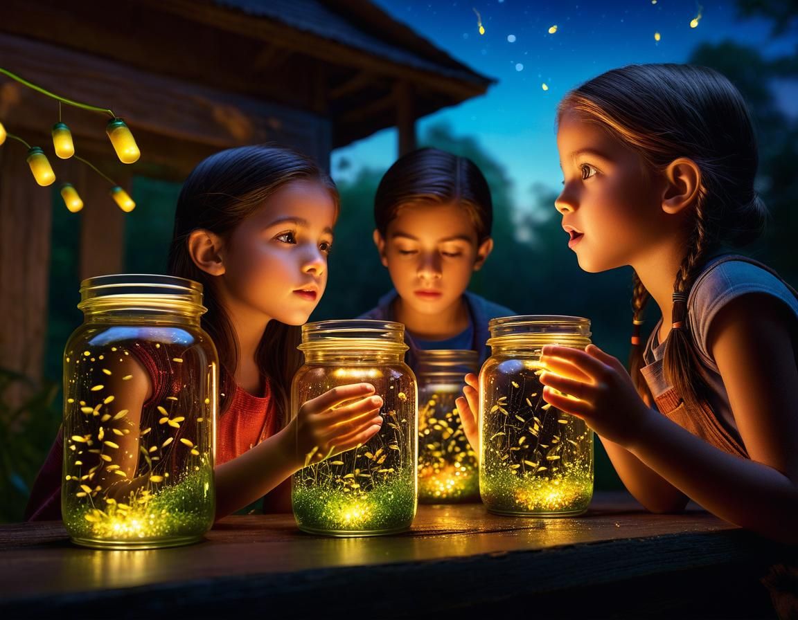 Children Capture Fireflies at Twilight: Hyperrealistic Art