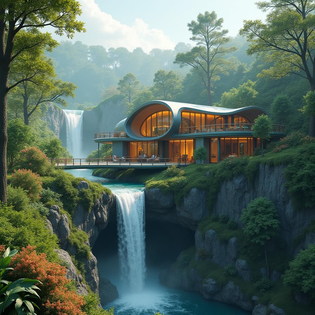 Eco-Friendly House by Waterfall: Digital Art