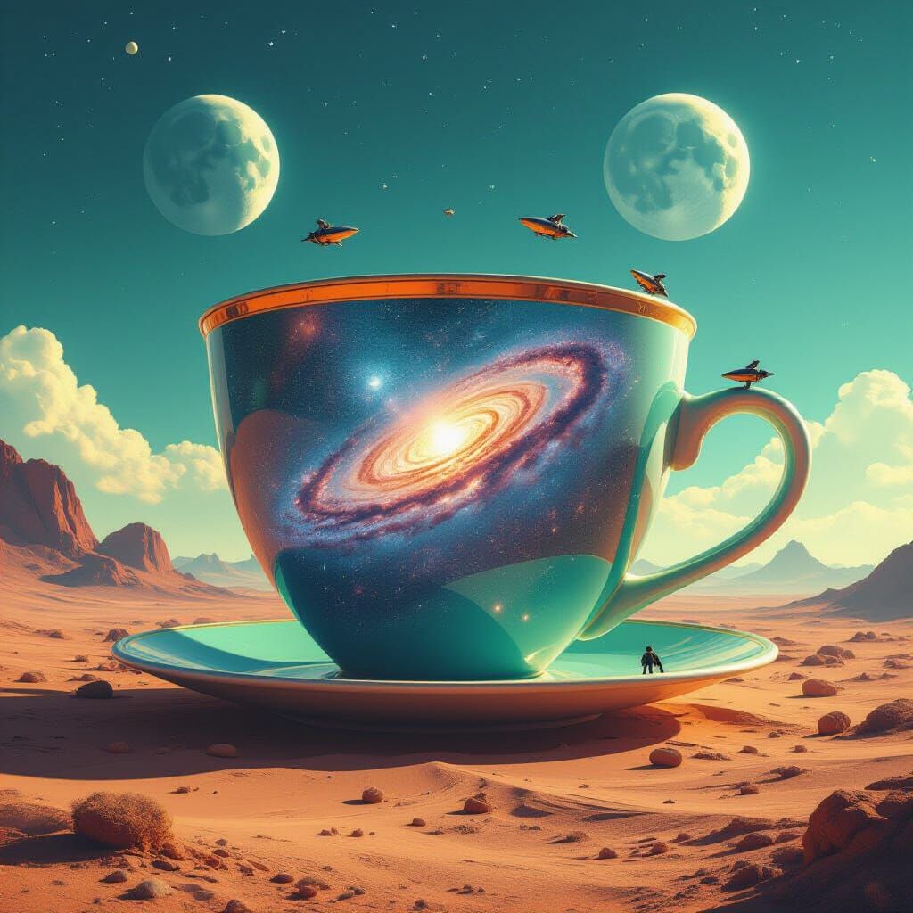 Colossal Teacup Galaxy in Alien Desert Landscape