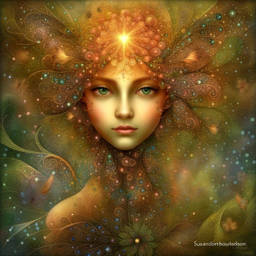 Fractal Fire Fairies on Flower, in Suminagashi Style