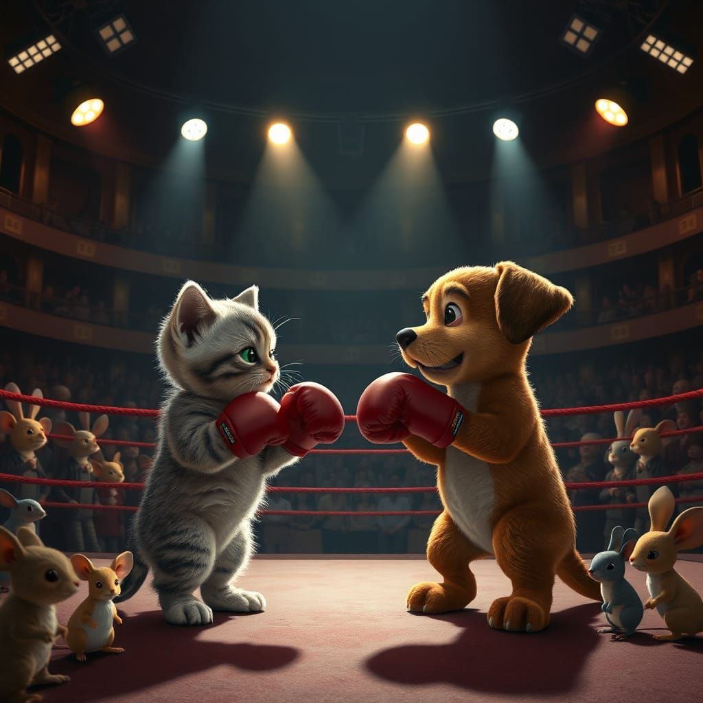 Kitten and Pup Boxing Match in Syd Mead Style