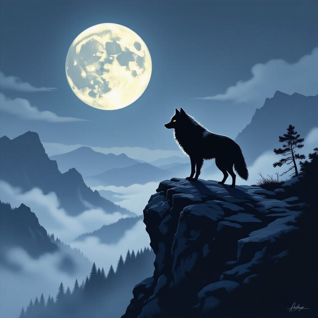 Monochrome Wolf Silhouette in Misty Valley