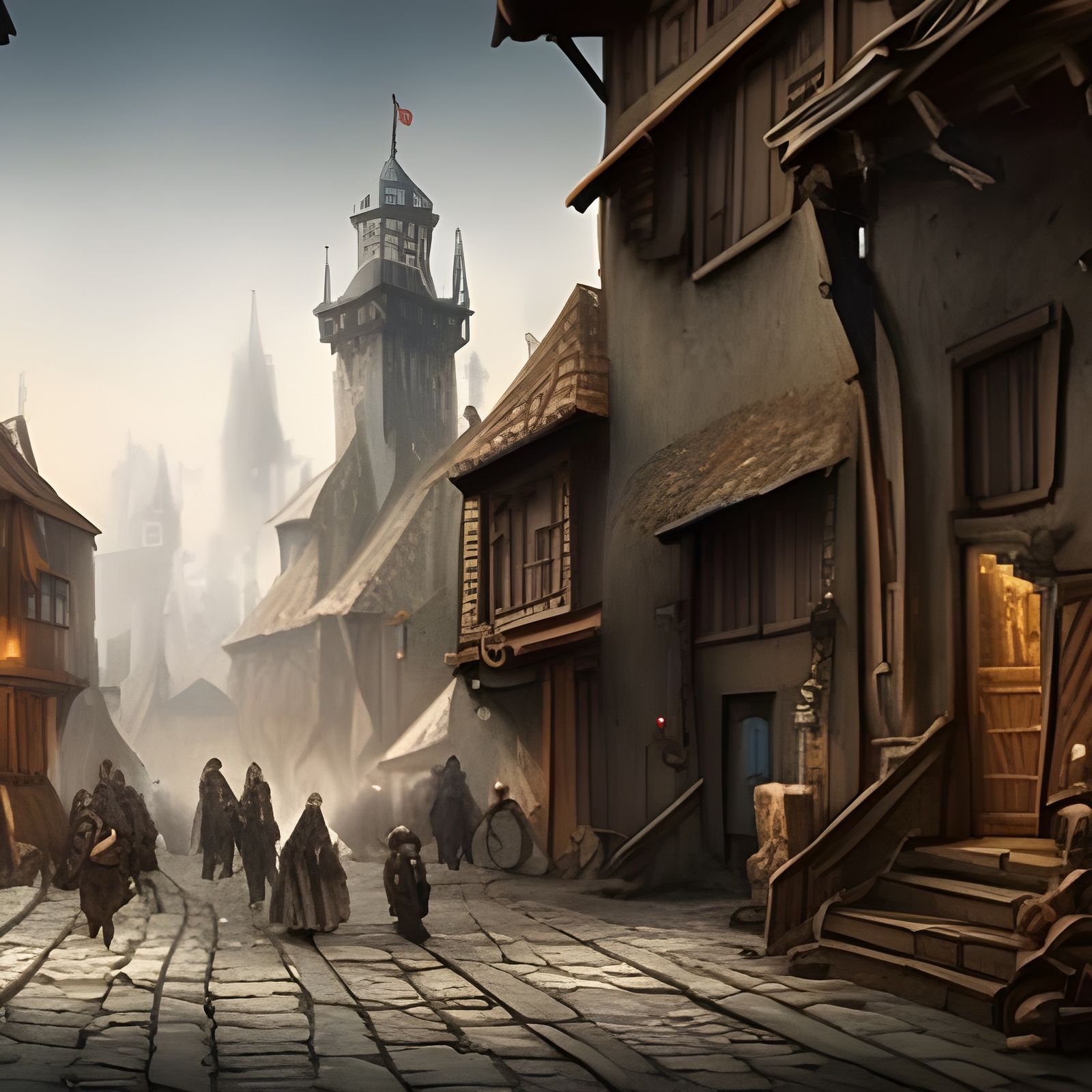 Detailed Medieval Town Street in Matte Painting Style