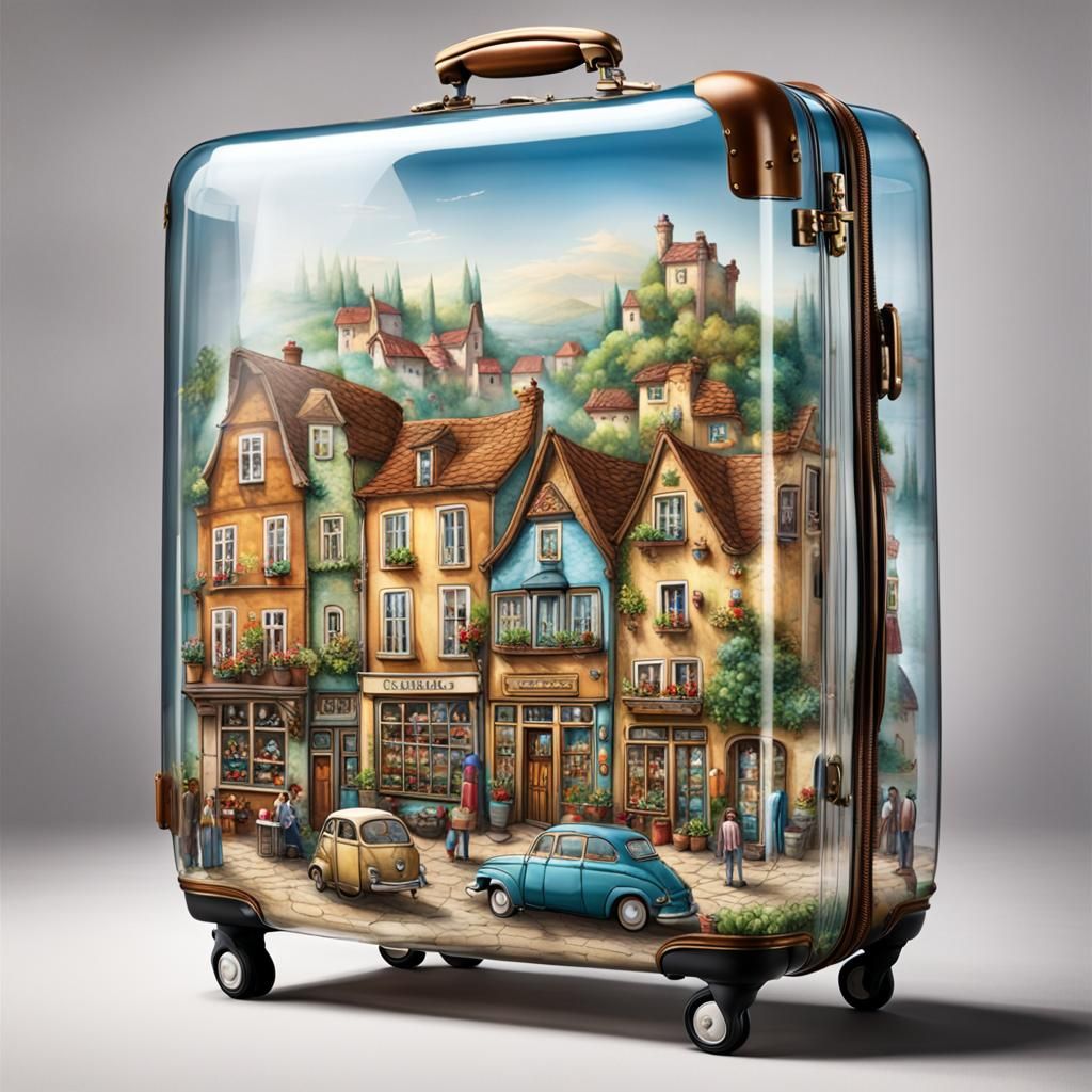 Village Street Scene Inside Glass Suitcase
