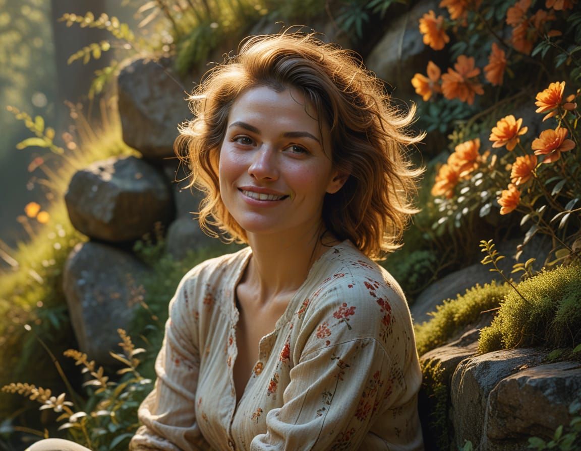 Middle-Aged Woman in Summer Attire, Warm Golden Light