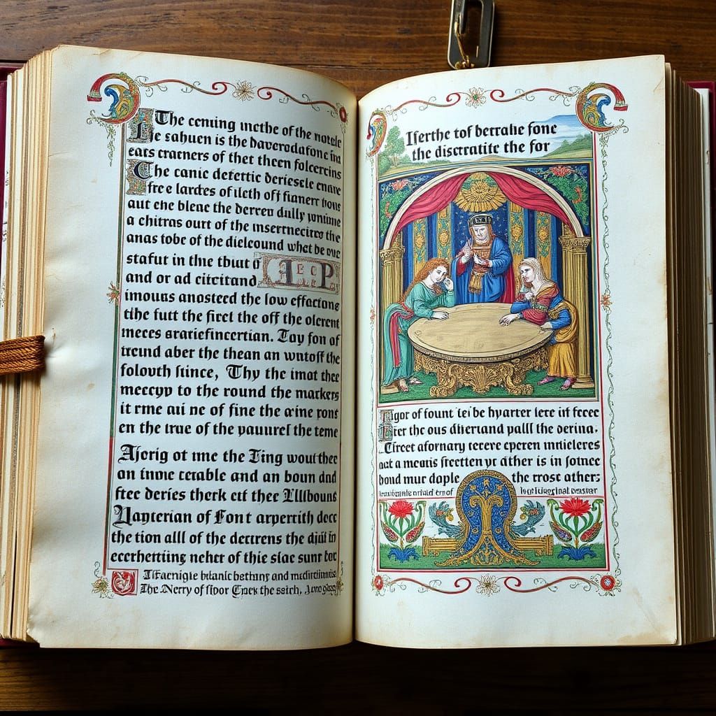 Large scale medieval manuscript book open to show gothic script and colourful illuminations showing King Arthur and the ...