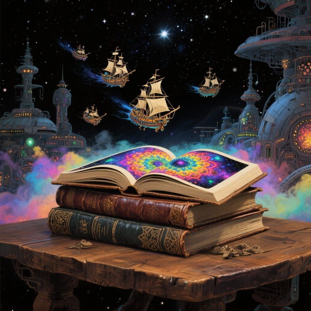Cosmic Microcosm Opens from Book on Wooden Table