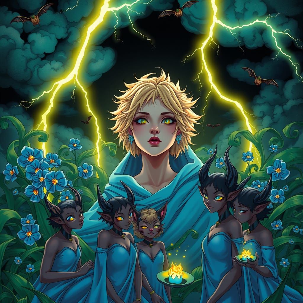 Anime Goddess Amidst Whimsical Stormy Scene