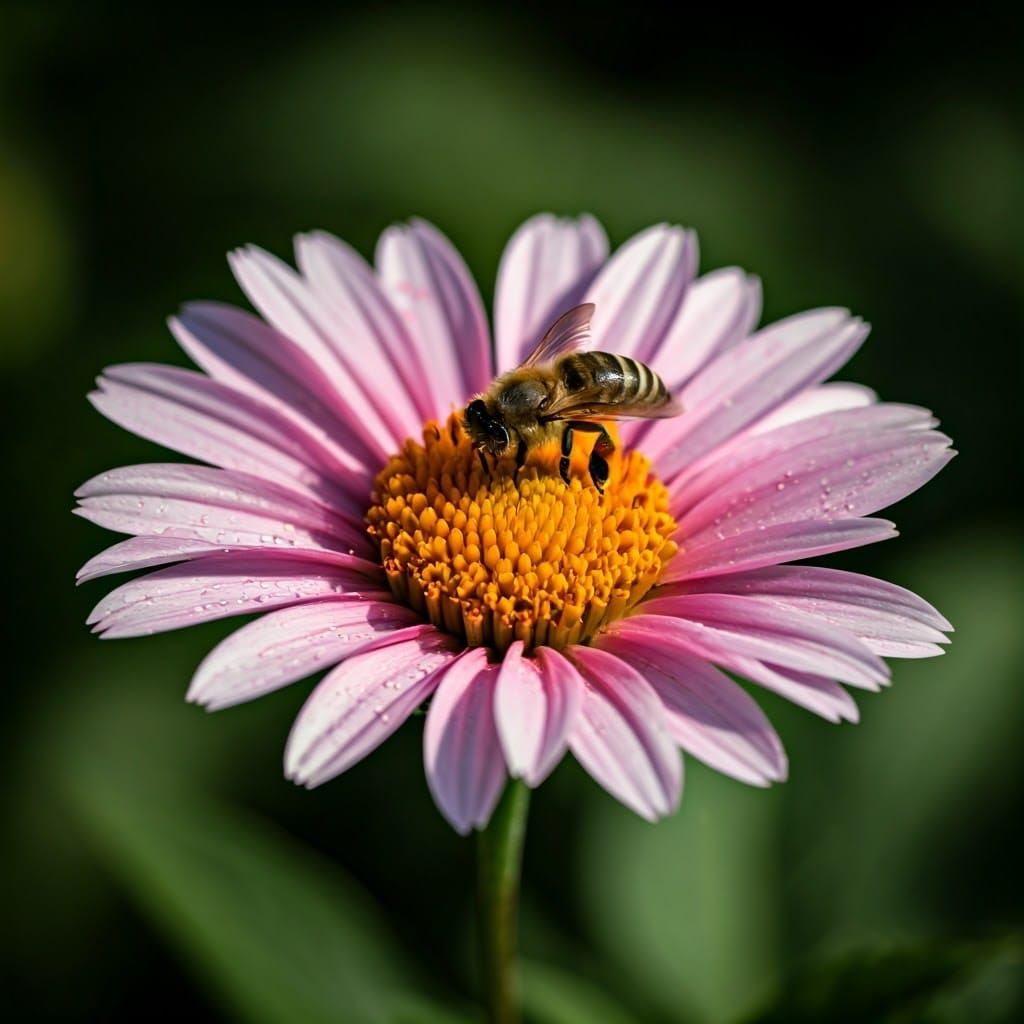Surrealistic Close-Up of Golden Flower with a Fuzzy Bee in U...