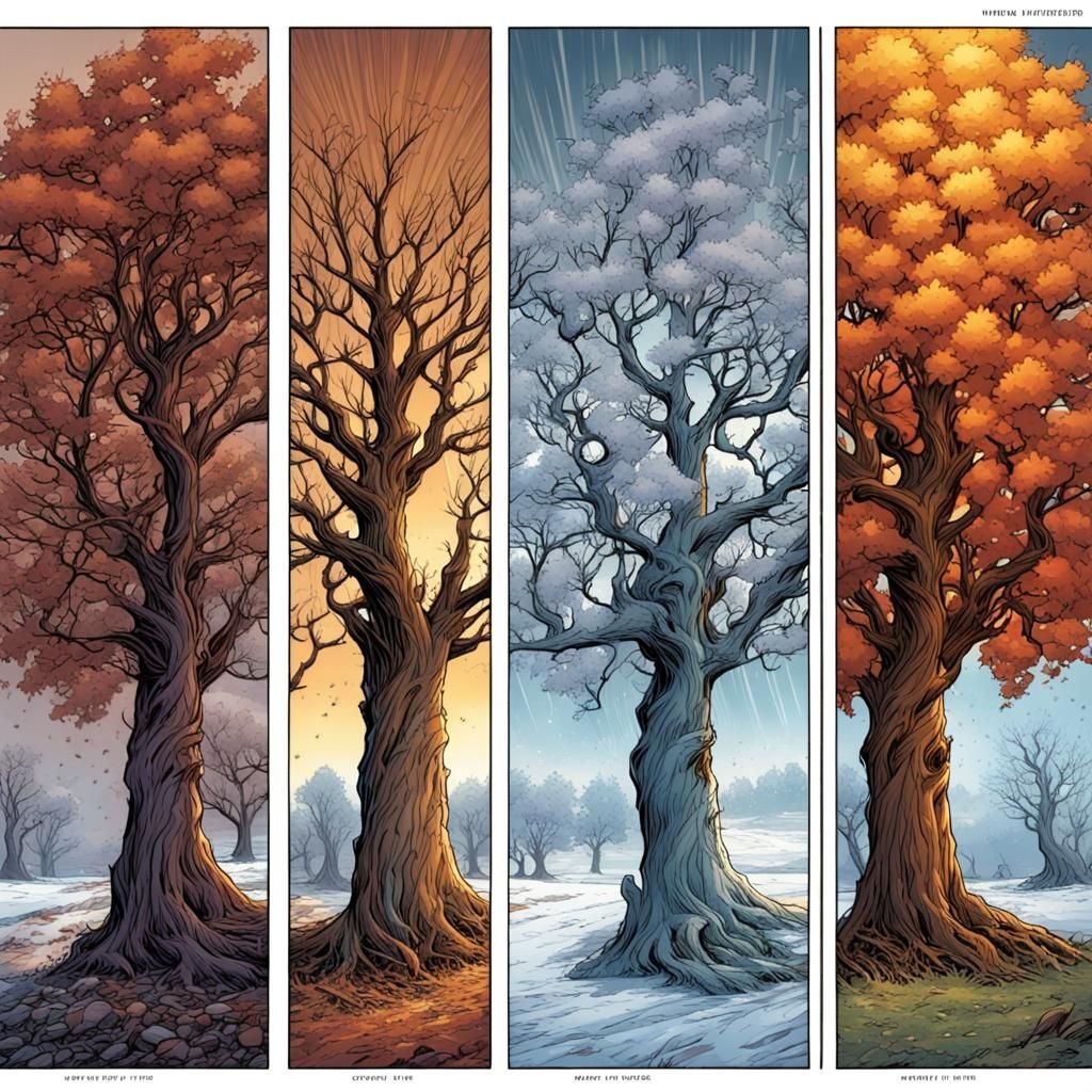 Four Seasons Tree in Comic Book Art Style
