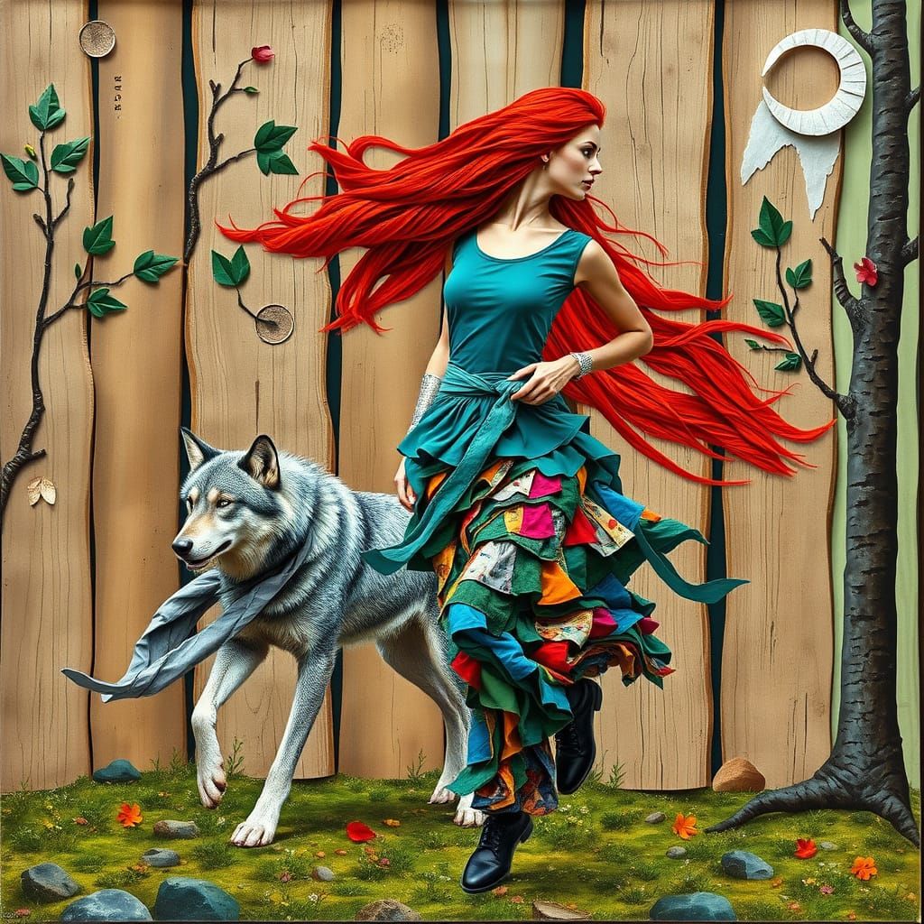 Surreal Mixed-Media Collage: Woman and Wolf in Forest